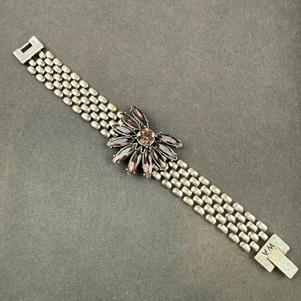 WA Rhinestone Flower Bracelet Smoky Purple Marquise Stone Silver Tone Link Band